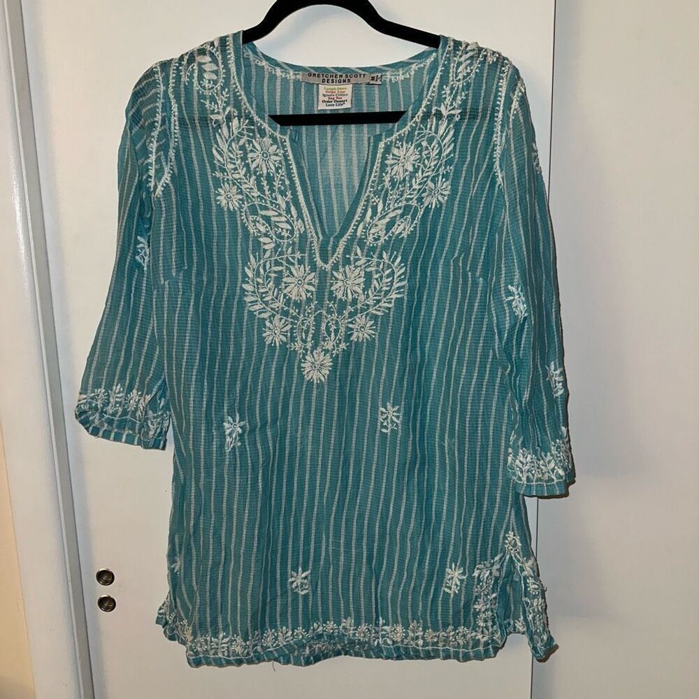 Gretchen Scott Women’s Blue White Pinstripe Floral Tunic Top Medium Gently Worn
